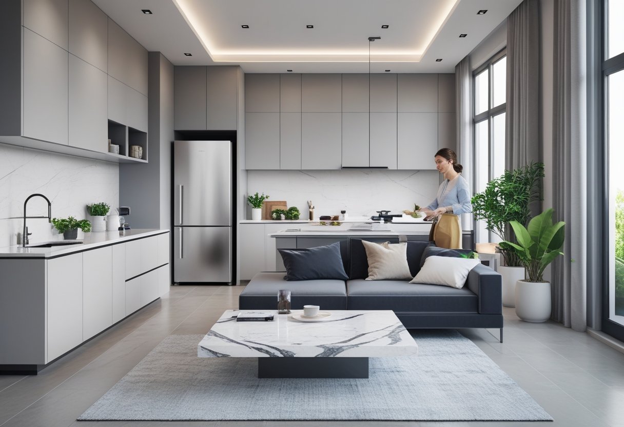 Sådan skaber du et stilfuldt køkken og stue med amerikanerkøleskab og marmor sofabord